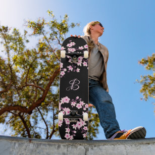 Floral Cherry Blossom Monogram Black Pink  Skateboard