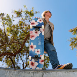 Floral Cherry Blossom Monogram Blue Pink Girly Skateboard