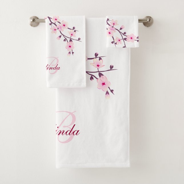Floral Cherry Blossom Monogram  Name Pink White Bath Towel Set (Insitu)