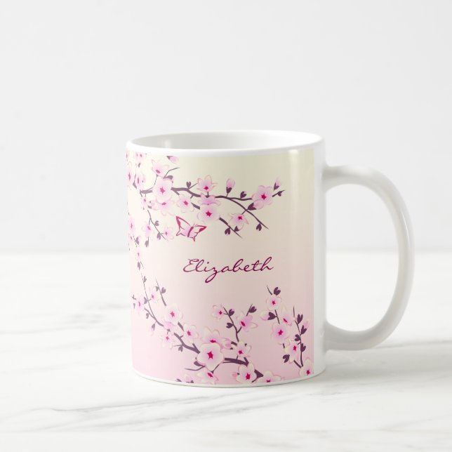 Floral Cherry Blossom Monogram Pink Girly Coffee Mug (Right)