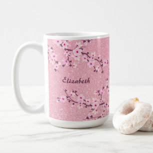 Floral Cherry Blossom Monogram Pink Glitter Coffee Mug