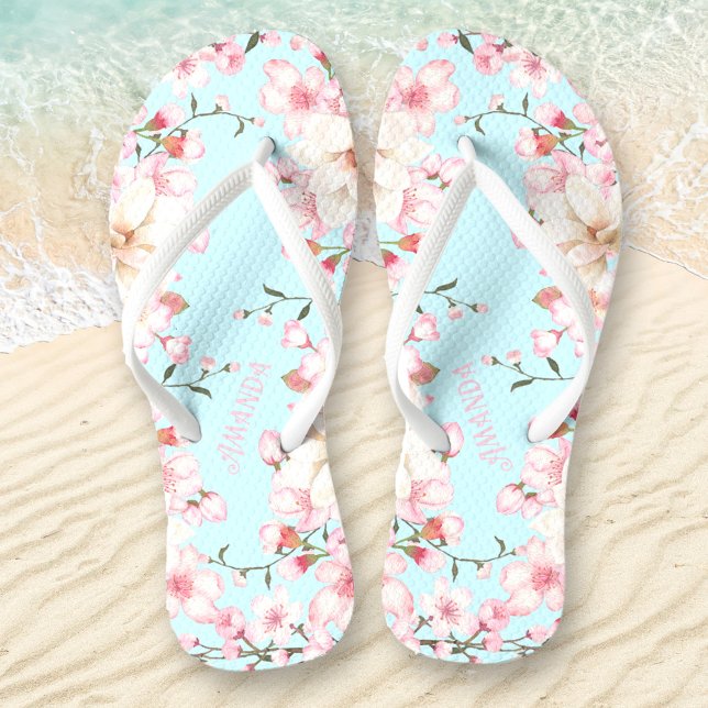 Floral Cherry Blossom Name Pink Blue Flip Flops (Floral Cherry Blossom Name Pink Blue Flip Flops)