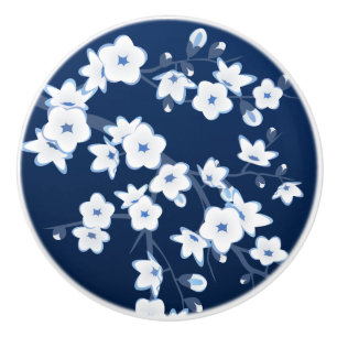 Floral Cherry Blossom Navy Blue White Ceramic Knob