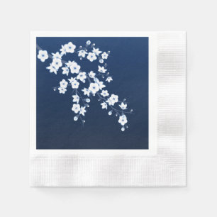 Floral Cherry Blossom Navy Blue White Napkin
