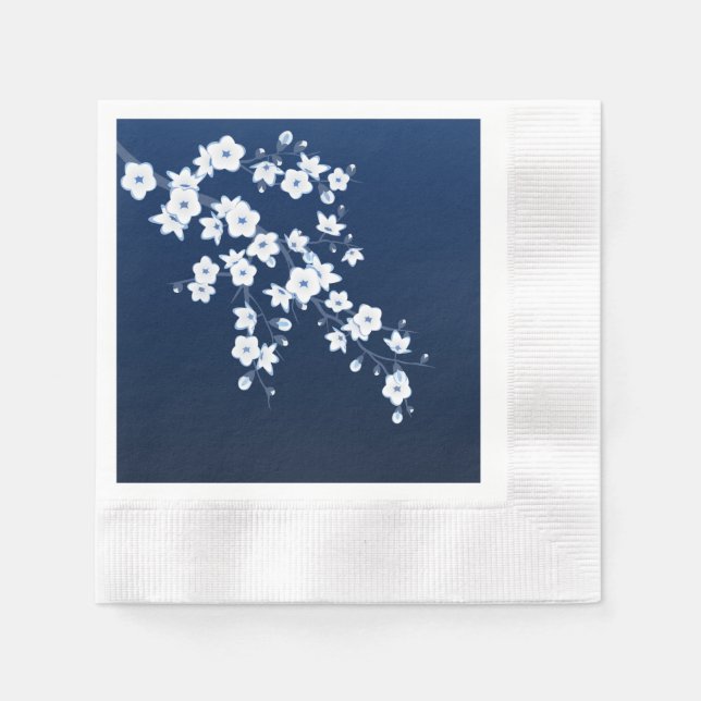 Floral Cherry Blossom Navy Blue White Napkin (Front)