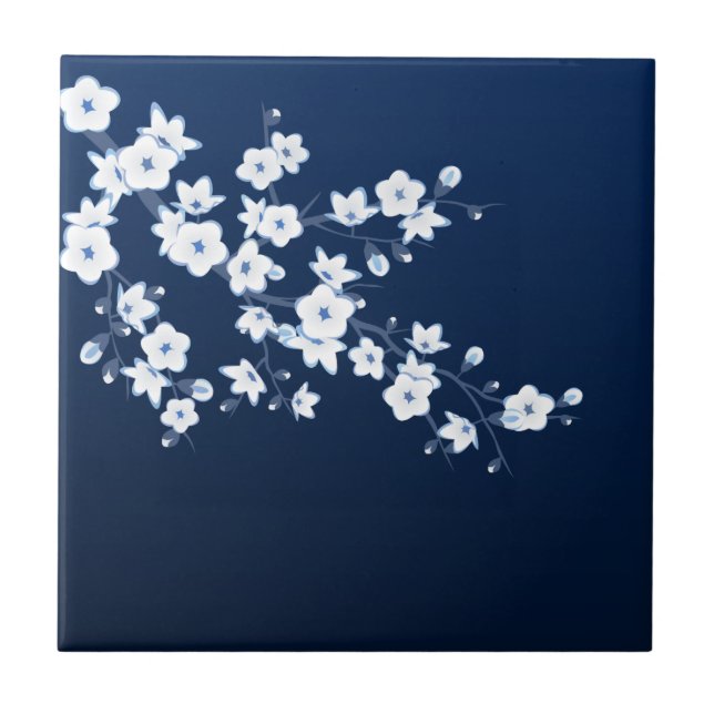 Floral Cherry Blossom Navy Blue White Tile (Front)