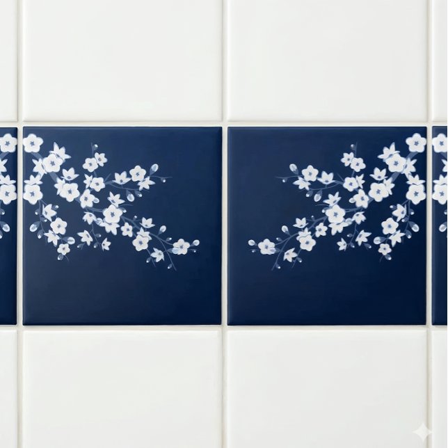 Floral Cherry Blossom Navy Blue White Tile (Creator Uploaded)