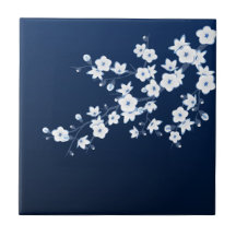 Floral Cherry Blossom Navy Blue White