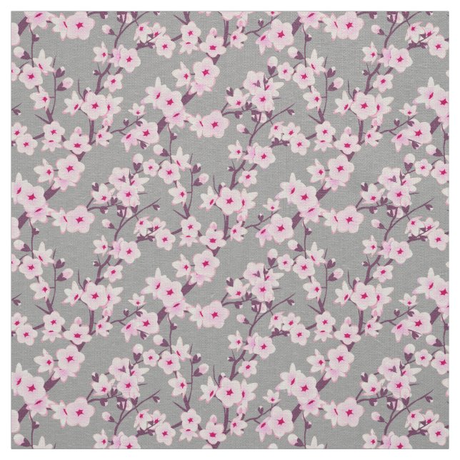 Floral Cherry Blossom Pattern Pink Grey Fabric (Swatch)
