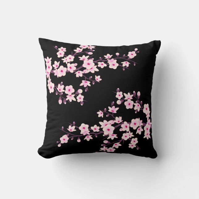 Floral Cherry Blossom Pink Black Cushion (Front)