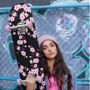 Floral Cherry Blossom Pink Black Girly Skateboard