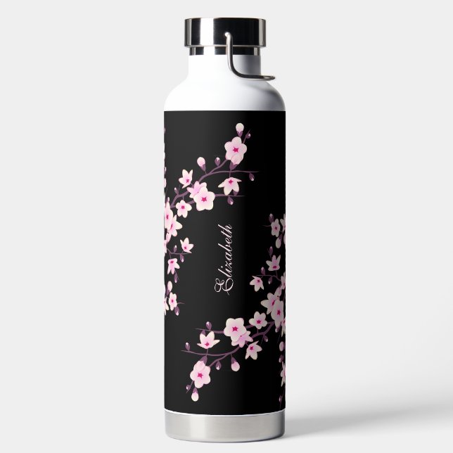 Floral Cherry Blossom | Pink Black Monogram Water Bottle (Left)