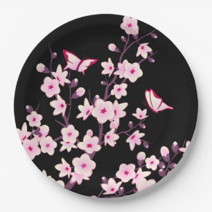Floral Cherry Blossom Pink Black Paper Plate