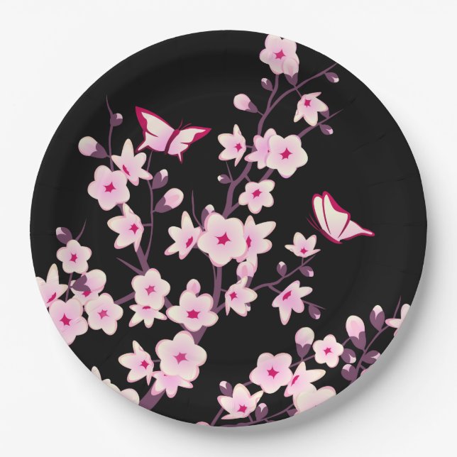 Floral Cherry Blossom Pink Black Paper Plate (Front)