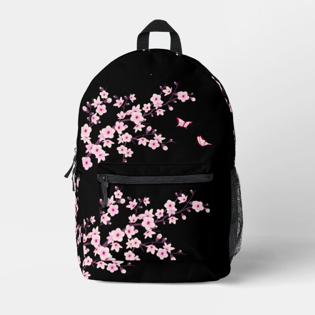 Floral Cherry Blossom Pink Black Printed Backpack (Front)