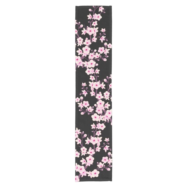 Floral Cherry Blossom Pink Black Short Table Runner (Front)