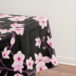 Floral Cherry Blossom Pink Black Tablecloth