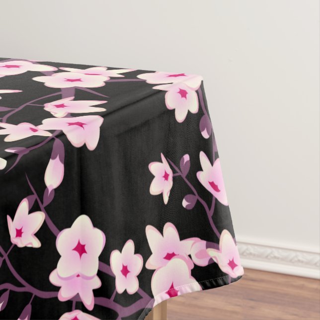 Floral Cherry Blossom Pink Black Tablecloth (In Situ)