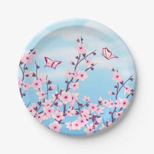Floral Cherry Blossom Pink Blue Paper Plate