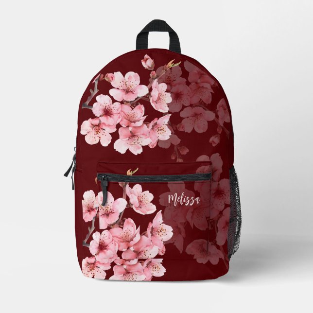 Floral Cherry Blossom Pink Burgundy Printed Backpack (Front)
