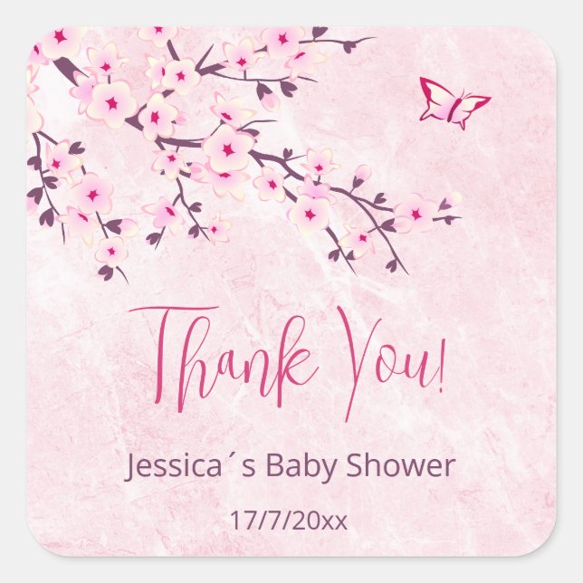 Floral Cherry Blossom Pink Girl Baby Shower  Square Sticker (Front)