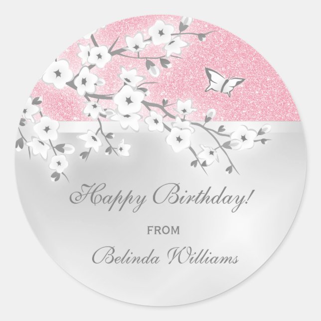 Floral Cherry Blossom Pink Glitter Custom Birthday Classic Round Sticker (Front)