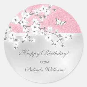 Floral Cherry Blossom Pink Glitter Custom Birthday Classic Round Sticker