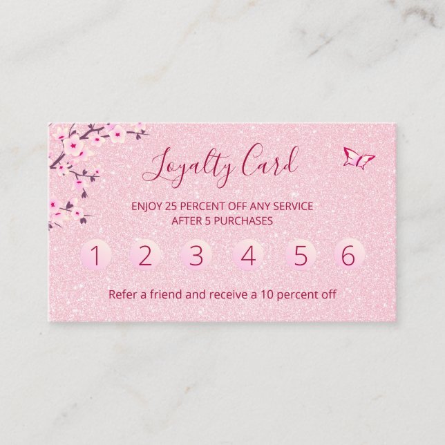 Floral Cherry Blossom Pink Glitter Loyalty Business Card (Front)