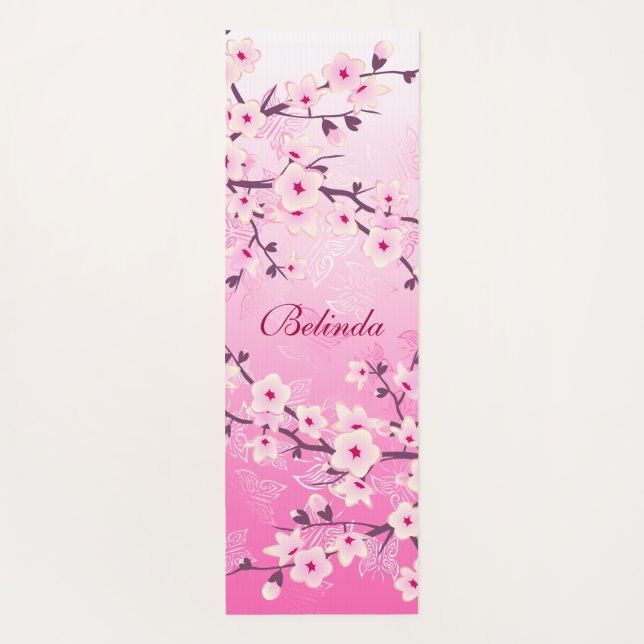 Floral Cherry Blossom Pink Glitter Monogram Yoga Mat (Back)