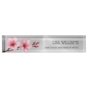 Floral Cherry Blossom Pink Gray Hair And Makeup Nameplate