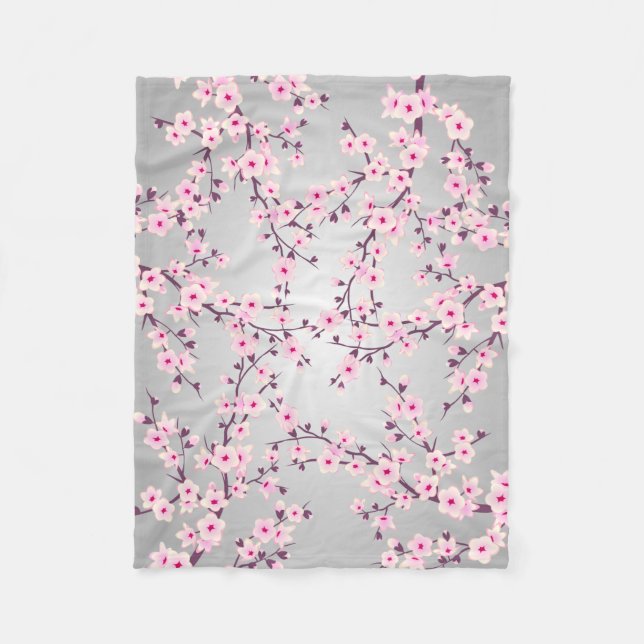 Floral Cherry Blossom Pink Grey Fleece Blanket (Front)