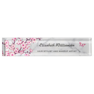 Floral Cherry Blossom Pink Grey Marble Nameplate