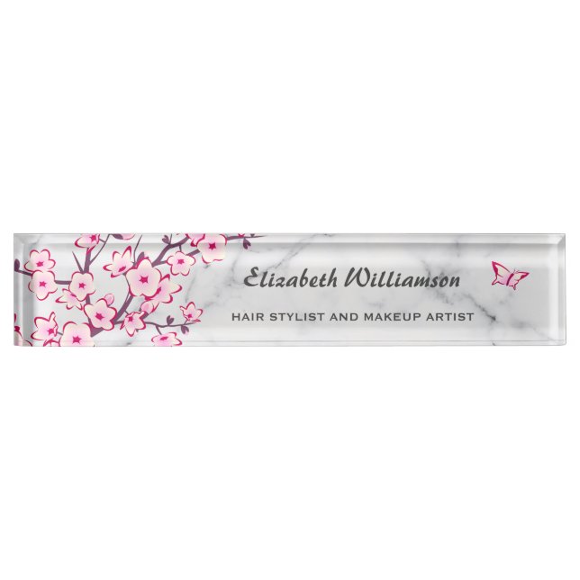 Floral Cherry Blossom Pink Grey Marble Nameplate (Front)