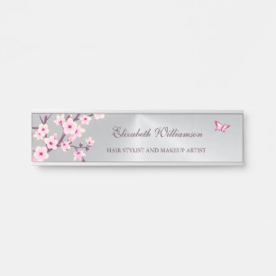 Floral Cherry Blossom Pink Grey Office  Door Sign