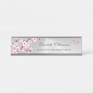 Floral Cherry Blossom Pink Grey Salon Desk Name Plate