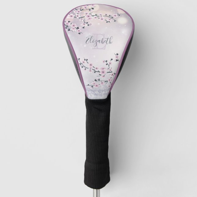 Floral Cherry Blossom Pink Mauve Glitter Monogram Golf Head Cover (Front)