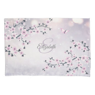 Floral Cherry Blossom Pink Mauve Glitter Monogram Pillowcase
