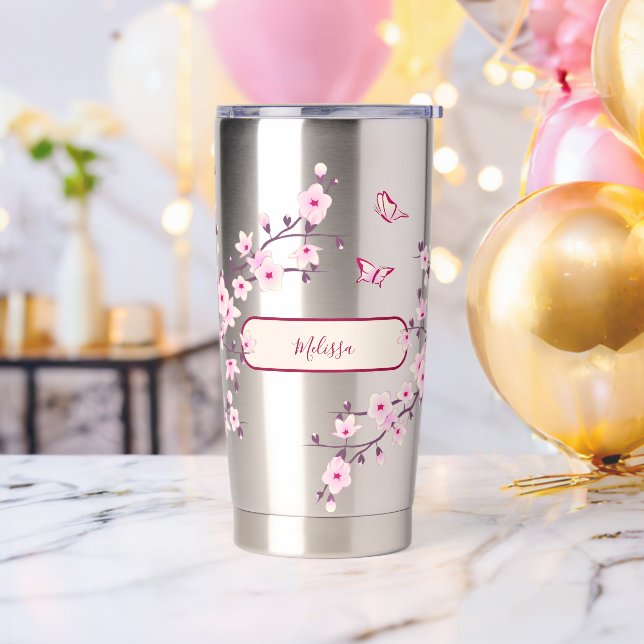 Floral Cherry Blossom | Pink Monogram Insulated Tumbler (Bachelor Party)