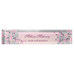 Floral Cherry Blossom Pink Silver Nameplate