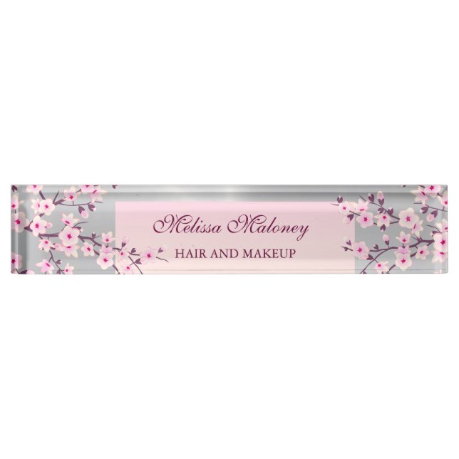 Floral Cherry Blossom Pink Silver Nameplate (Front)