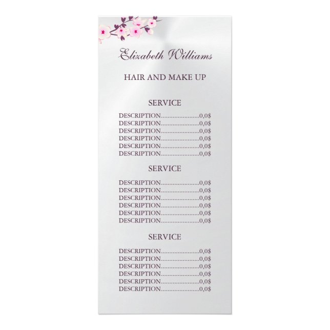 Floral Cherry Blossom Pink Silver Service Prices  Rack Card (Front)