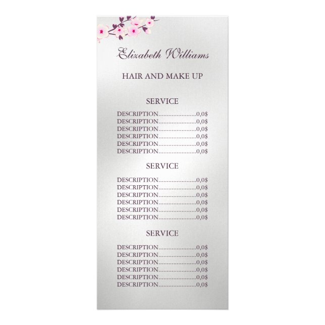 Floral Cherry Blossom Pink Silver Service Prices  Rack Card (Front)