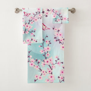 Floral Cherry Blossom Pink Turquoise Cute Bath Towel Set
