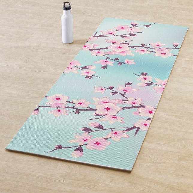 Floral Cherry Blossom Pink Turquoise Yoga Mat (In Situ)