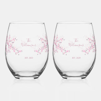 Floral Cherry Blossom Pink Wedding Stemless Wine Glass