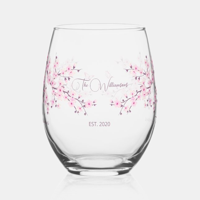 Floral Cherry Blossom Pink Wedding Stemless Wine Glass (Left)