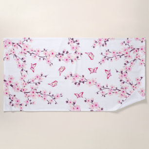 Floral Cherry Blossom Pink White Beach Towel