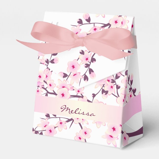 Floral Cherry Blossom Pink White Name Favour Box (Front Side)