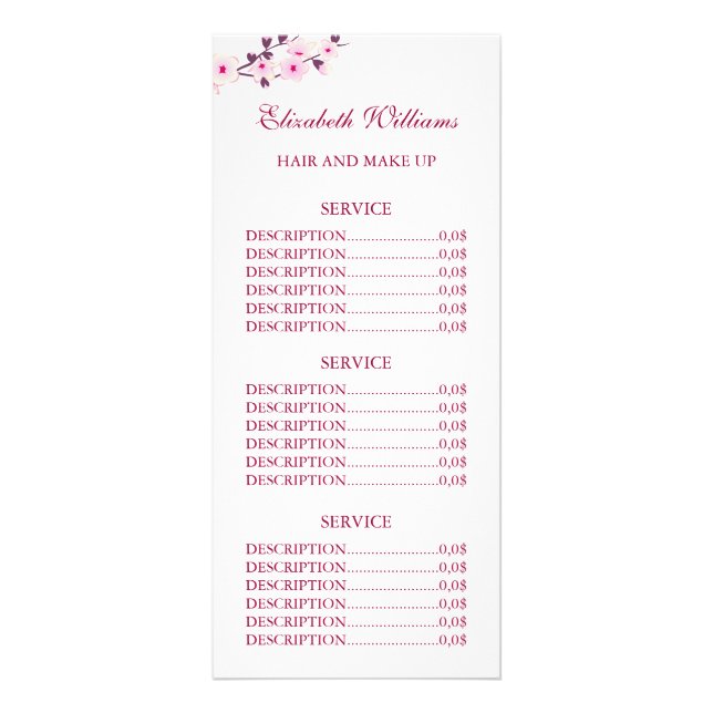 Floral Cherry Blossom Pink White Service Prices  Rack Card (Front)