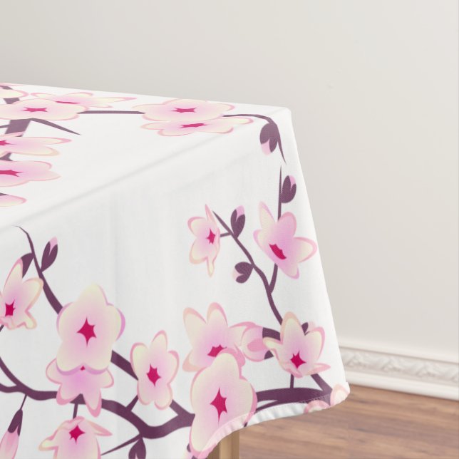 Floral Cherry Blossom Pink White Tablecloth (In Situ)